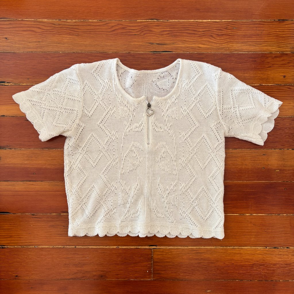 Y2k Twee Knit Half Zip Crop Top Heart Metalware Medium